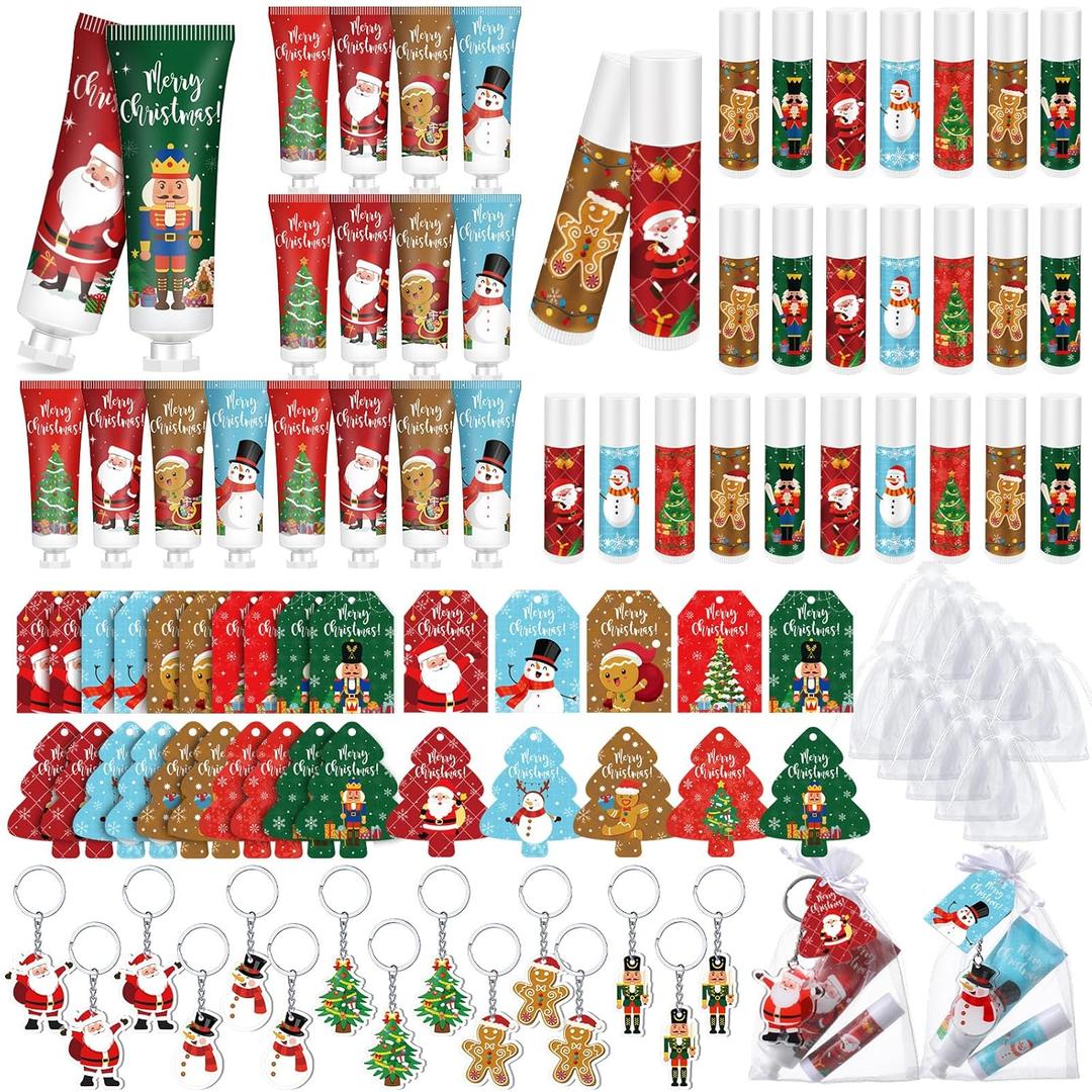 Henoyso 50 Set Christmas Hand Cream Bulk and Lip Balm Bulk Xmas Holiday Gifts Favors with Organza Bag Thank You Card and Acrylic Keychains Thank You Gift Set Bulk Christmas Stuffers Party Supplies