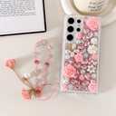 for Samsung Galaxy A15 5G Bling Glitter Diamond Case with Flower Lanyard Wrist Strap,Luxury Crystal Rhinestone Pearl Protective Cover Case for Women Girls Kids Teens,Pink