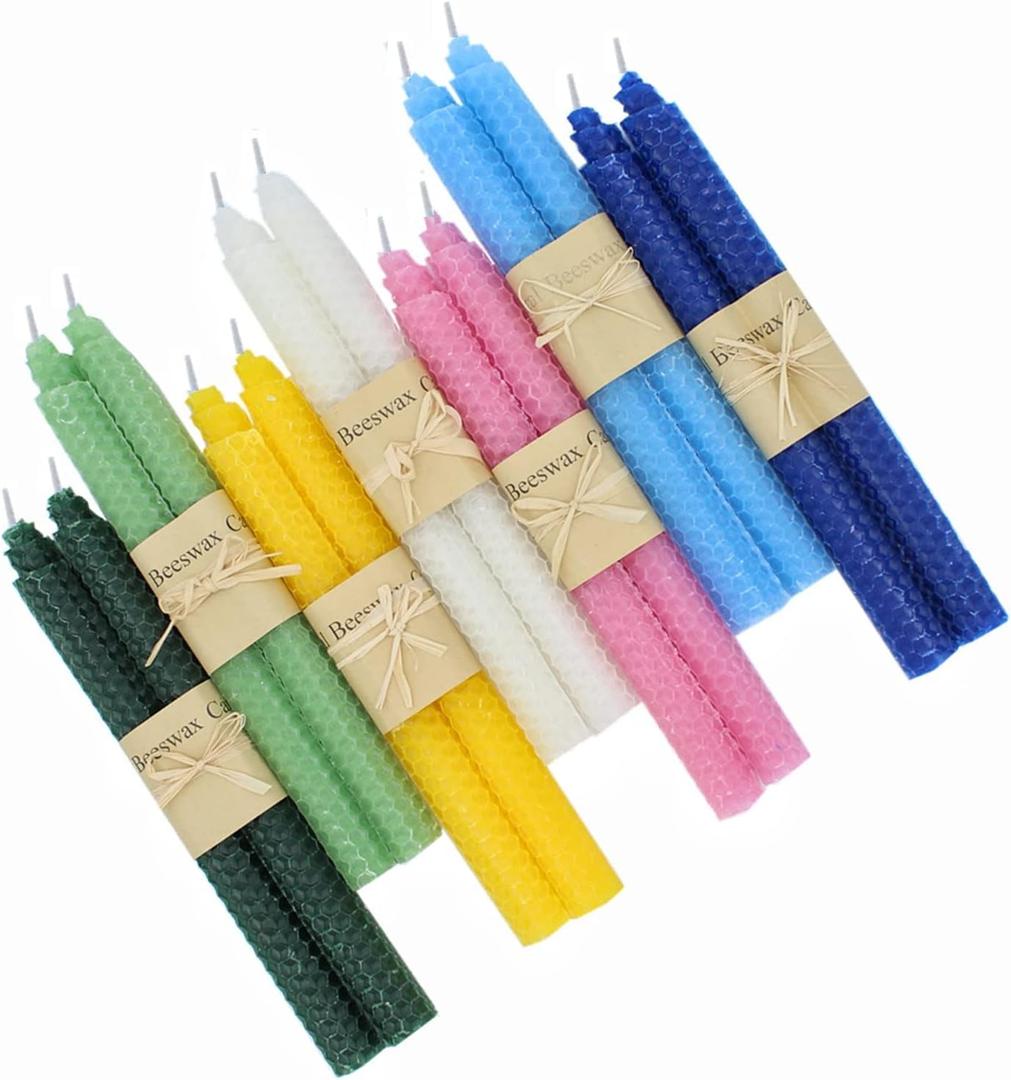 Set of 14 Colorful Beeswax Taper Candles, 9 Inch Tapered Candles Ideal as Dinner Candles - Smokeless and Unscented Taper Candles LoWedding,Dinner, Home Dcor