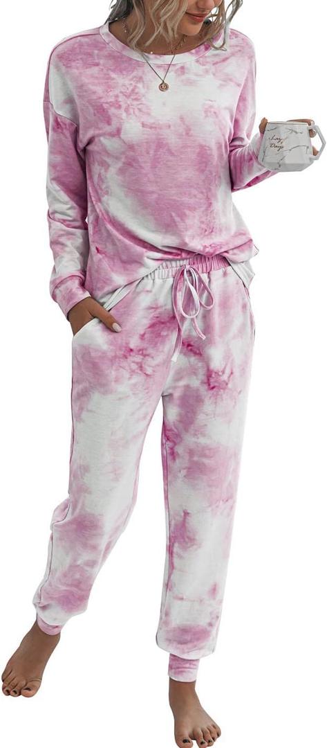 PRETTYGARDEN Women's Two Piece Loungewear Fall Casual Long Sleeve Tops Jogger Pants Pajama Sets Matching Outfits Clothing (Large, Pink)