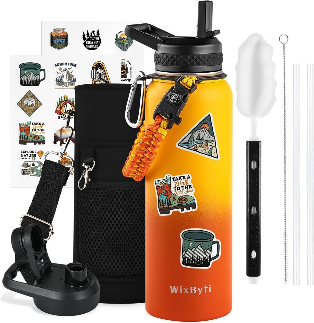 40 oz Insulated Water Bottle with Straw (Cold for 48 Hrs), Stainless Steel Triple Wall Vacuum Sports Water Jug, Leakproof Hydro Cup Flask with Paracord Handle & Straw Spout Lids & DIY Stickers (Orange Gradient)