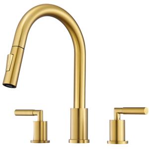 Tohlar Gold Kitchen Faucet with Pull Down Sprayer, 2 Handle Kitchen Faucet, 3 Hole Kitchen Sink Faucets Brushed Gold Stainless Steel Faucet for Kitchen Sink