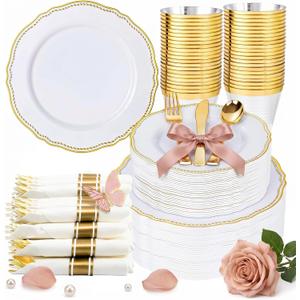 Hioasis 350pcs White and Gold Plastic Plates - Gold Plastic Dinnerware Set Includes 50 Dinner Plates, 50 Dessert Dinnerware, 50 Cups, 50 Rolled Napkin Cutlery Perfect for Wedding & Party