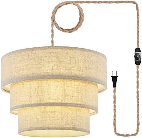 XININSUN 3-Tier Drum Linen Plug in Pendant Light with15ft Hemp Rope Cord E26 Dimmer Switch Hanging Lights Fixture Plug in Chandelier for Kitchen Island Dining Room Entryway Hallway-1Pack