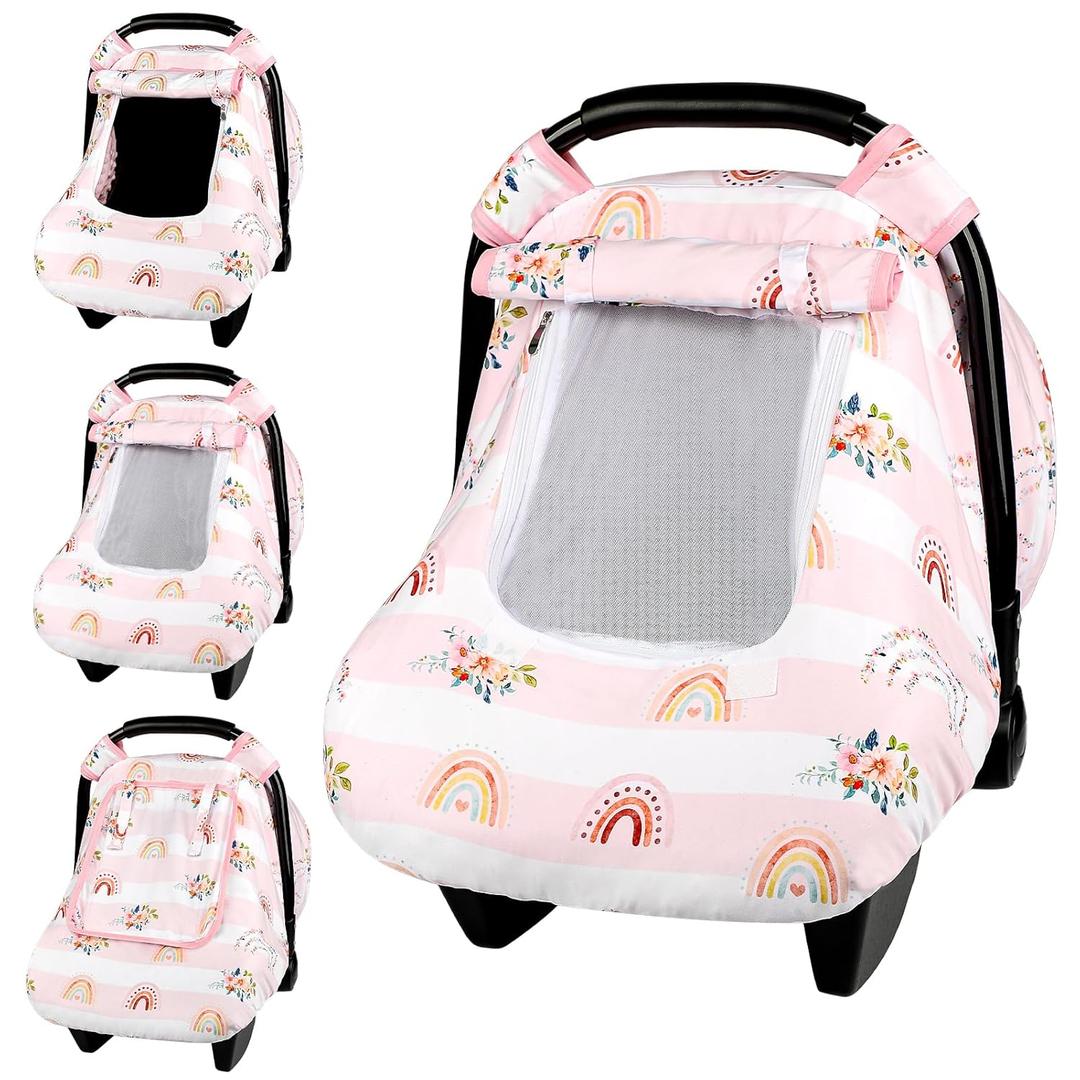 Pea Pod Car Seat Cover Baby, Infant Car Seat Canopy Covers for Newborn with 2 Layers Windows of Breathable Mesh Fabric, Lightweight Polyester/Soft Minky Dot Backing (Floral & Rainbow) (Single Zipper)