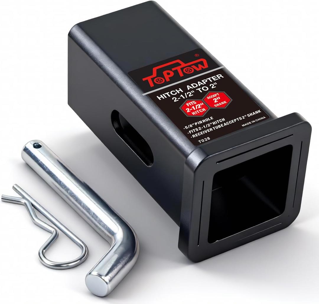 TOPTOW 64028S Trailer Hitch Adapter 2-1/2" to 2" Hitch Reducer Sleeve Carbon Steel, Upgraded, 5/8 inch Pin & Clip Included