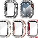 Goton 4-Pack Bling Screen Protector for Apple Watch Series 9 8 7 45mm Case, Women Glitter Diamond Rhinestone Bumper Cover for iWatch Accessories 45 mm (Red+Rose Gold+Starlight+Black( Glass))