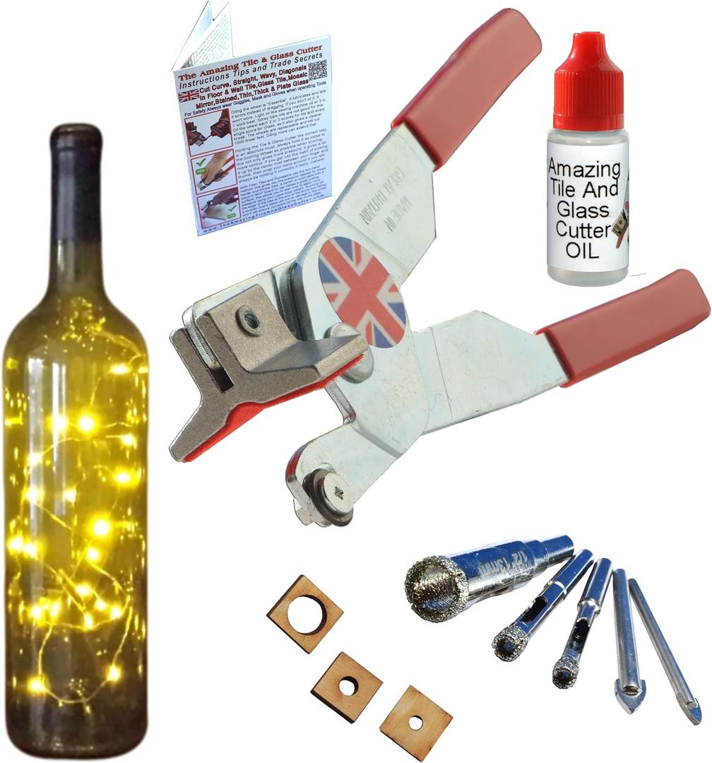 Glass Cutter, a Glass Cutting Tool Kit with Cutting Oil, Drill Bits for Bottles to Make Lights, Put Drainage Holes in Plant Pots, Holes in Blocks Cups and Plates for Craft,  to  Diamond Drill Bits (1.Red Right Handed)