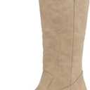 mysoft Women's Cowboy Boots Mid Calf Cowgirl Embroidered Western Pointed Toe Chunky Heel Pull On Knee High Boots (8.5, Tan)