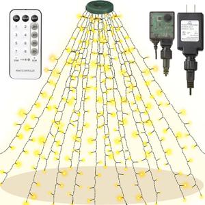 Christmas Tree Lights, 448 LED Waterfall Tree Topper Lights with 8 Lighting Modes, 8.2ft16 Lines Plug in Twinkle Lights with Remote Control for Indoor Outdoor Christmas Tree Decoration (Warm White)