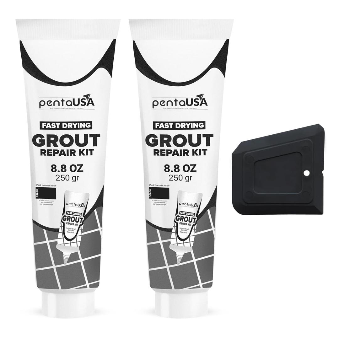 PentaUSA Grout - Premixed Grout Repair Set, 8.8 oz, 2 Pack Tile Grout Tubes, Repairs and Renews Tile Grout in Bathroom and Kitchen, Odorless and Safe Formula - 2 Pack (Black)