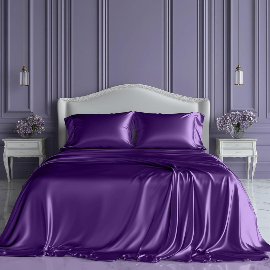 SLEEP SANCTUARY Satin Sheets Queen Size  4 Piece Luxury Silky Bed Set, Softer Than Silk, 15" Deep Pocket, Cooling & Wrinkle-Free, Moisture-Wicking & Breathable for Hair & Skin (Purple)
