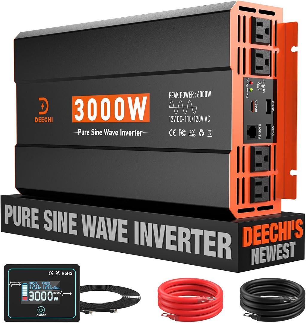 3000 Watt Pure Sine Wave Inverter 12V DC to 110V/120V AC Converter for RV/Truck/Home/Off-Grid Solar Car Power Inverter for Vehicles with 4 AC, 2 USB & 1 Type-C Ports, Remote Controller Cable Included