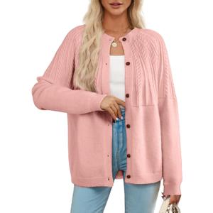 Dokotoo Cardigan Sweaters for Women 2025 Fall Outfits Long Sleeve Crochet Knit Sweaters (Pink, M)