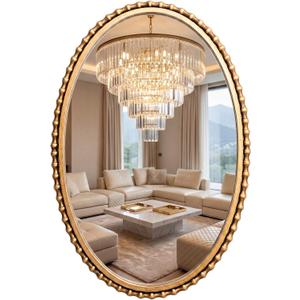 Nuanchu 36 x 24 Inch Gold Oval Bathroom Mirror, Vintage Antique Beaded Wall Mirror with HD Glass, Decorative Vanity Wall Decor, Baroque Ornate Hanging for Bathroom Bedroom Entryway Living Room