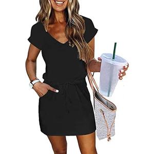 Womens Summer Dress Lantern Sleeve Square Neck Tie Front A-Line Double Layer Hem Mini Dresses L Black