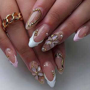 Floral Press on Nails Medium Almond Fake Nails Bare Powder Gilded Flowers Pearls Designs Nails Press ons Gel Acrylic Glue on Nails Medium Length Flowers Gold Lines Stick on Nail for Women 24Pcs