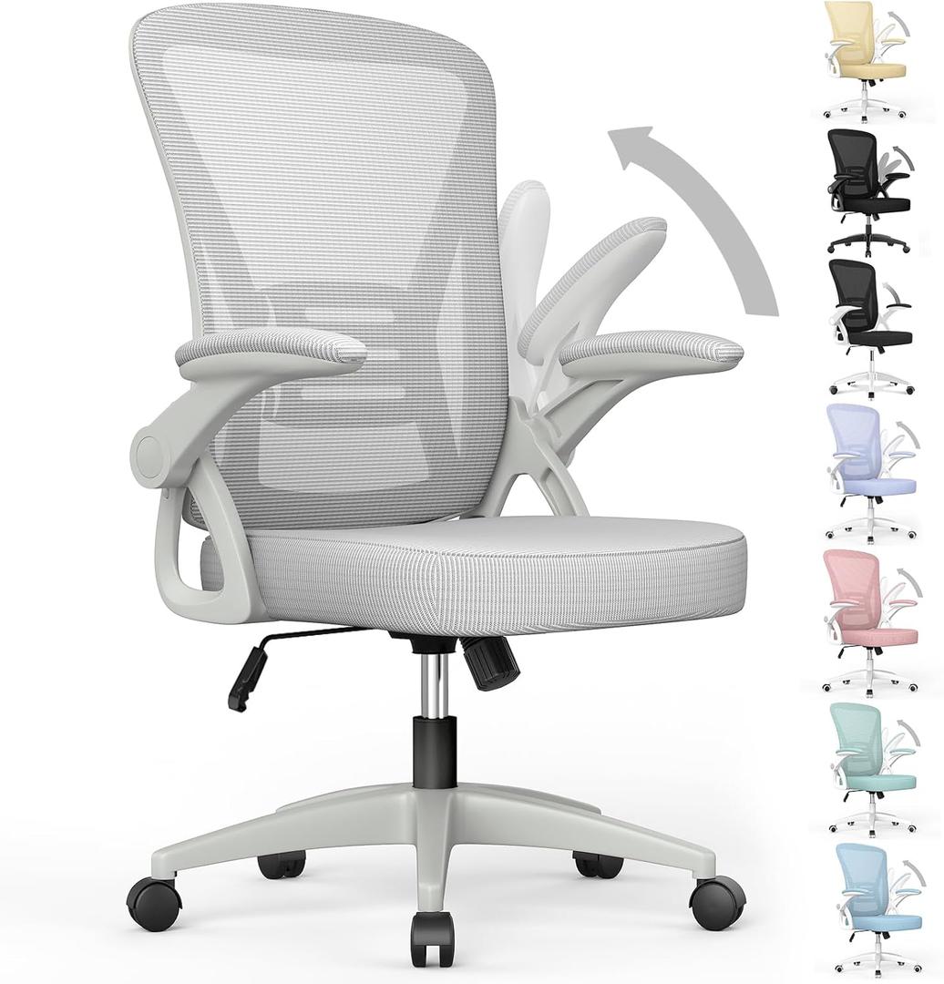 naspaluro Ergonomic Office Chair, Mid Back Desk Chair with Adjustable Height, Swivel Chair with Flip-Up Arms and Lumbar Support, Breathable Mesh Computer Chair for Home/Study/Working, Grey (Grey)