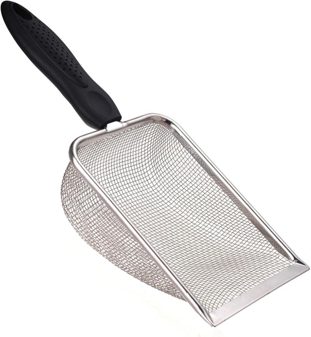 SunGrow Cat, Reptile Sand Scoop, Stainless Steel Fine Mesh Net for Lizard, Gecko, Snake Habitat, Substrate and Gravel Sifter, Black Non-Slip Handle Sifter, 11 x 4 x 2, 1 Pc