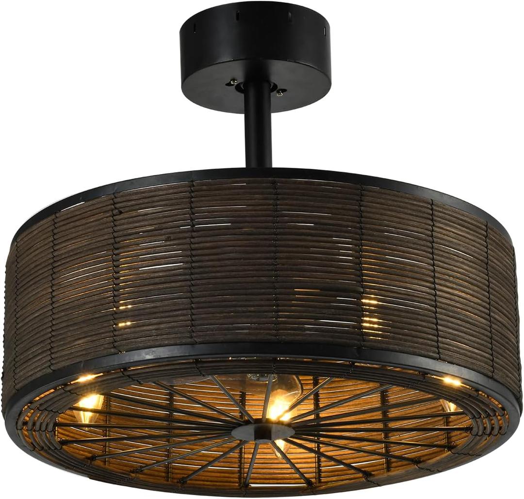 21" Boho Rattan Ceiling Fans with Lights,Flush Mount Caged Ceiling Fan with Remote Indoor,6 Speed, Timing, APP Remote Control,Includes 5 LED Bulbs for Bedroom,Kitchen,Living Room,Farmhouse, 24 Inches