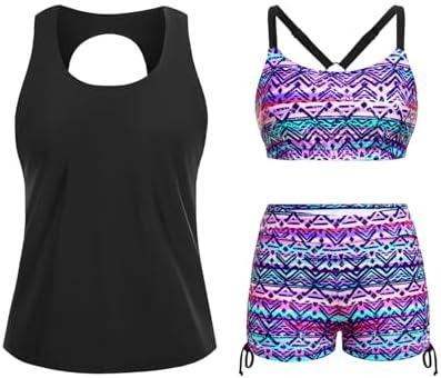 Yonique 3 Piece Womens Tankini Swimsuits with Shorts Athletic Bathing Suits Tank Tops with Bra and Boyshorts, L