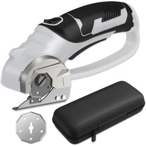 Cordless Electric Scissors, 4V Box Cutter & Cardboard Cutter with 2 Titanium Blades - Rotary Cutter with LED Light for Fabric, Leather, Carpet, Plastic, Crafting + Storage Case (Grey)