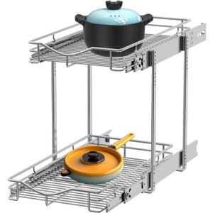 DINDON 2 Tier Pull Out Cabinet Organizer (11" W x 18" D) Heavy-Duty Metal Sliding Drawer Shelf, Two Tier Pull Out Shelves for Kitchen Cabinets, Pantry, Bathroom, Chrome Finish