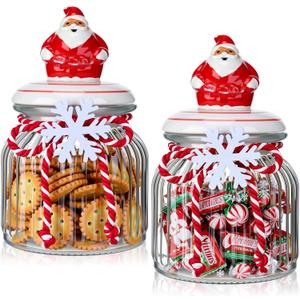 LemonRoad 2 Pcs Christmas Glass Storage Jars with Lid Santa Claus Cookie Jars Christmas Candy Jar Glass Food Storage Canisters Holiday Candy Storages Can for Kitchen Holiday Table Centerpieces(25oz)