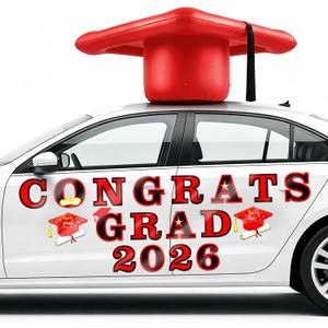 2026 Graduation Car Decorations, 27" Large Inflatable Car Graduation Cap Decors, Class of 2026 Congrats Grad Magnets Letters PVC Blow up Decorations for Cars Roof High School Collage Prom Party(Red