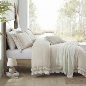 Bedorm Beige Duvet Cover Set Queen Ruffle Bedding Set Pleat Ruffled Shabby Chic Comforter Cover Extra Soft & Easy Care White Boho Duvet Cover with Zipper Closure Cream, Queen