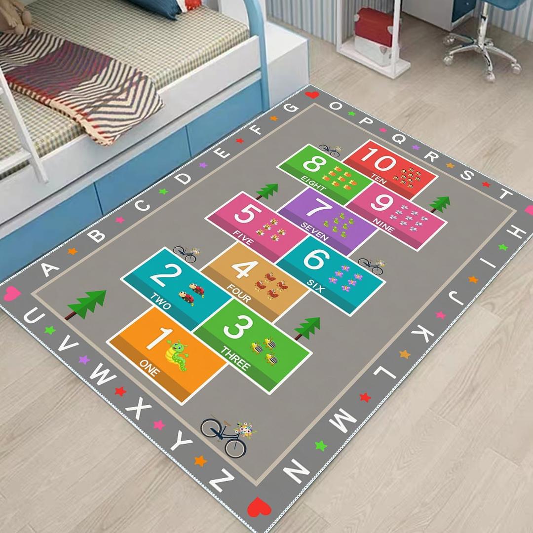 Hopscotch Play Rug Carpet for Kids, ABC Alphabet Number Educational Rug, Children's Counting Game Mat for Playroom, Classroom, Bedroom and Nursery (Grey, 31x47 in)