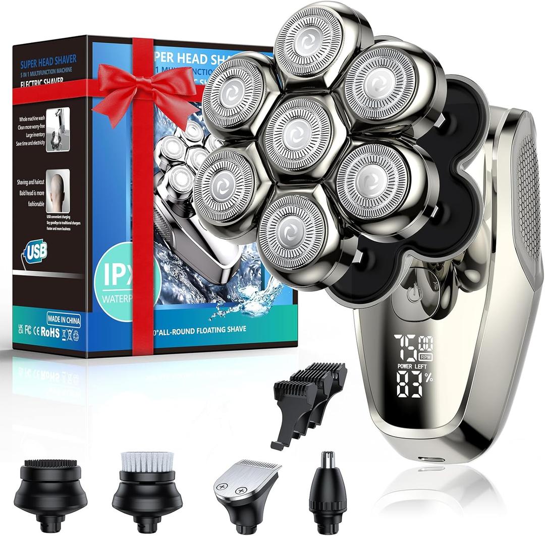 7D Head Shavers for Bald Men, Upgrade 5 in 1 Waterproof Electric Razor Men's Grooming Kit, Detachable Wet/Dry Anti-Pinch Head Shavers for Bald Men, LED Display Type-C Charge Head Shaver