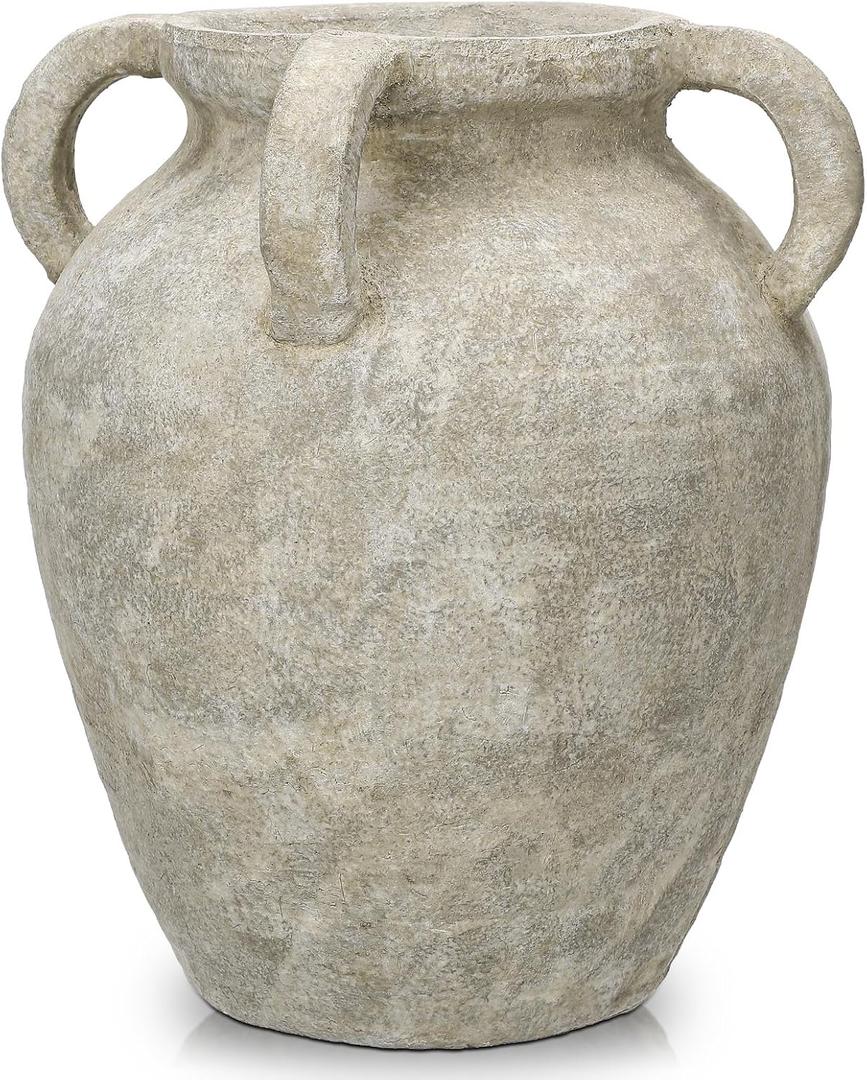 Handmade Flower Vase, 12" Tall Terracotta Vase, Green Vintage Ceramic vase, Rustic Antique Decor with 3 Handles, Wide Mouth, Matte Finish for Home Office Resto Caf Dcor