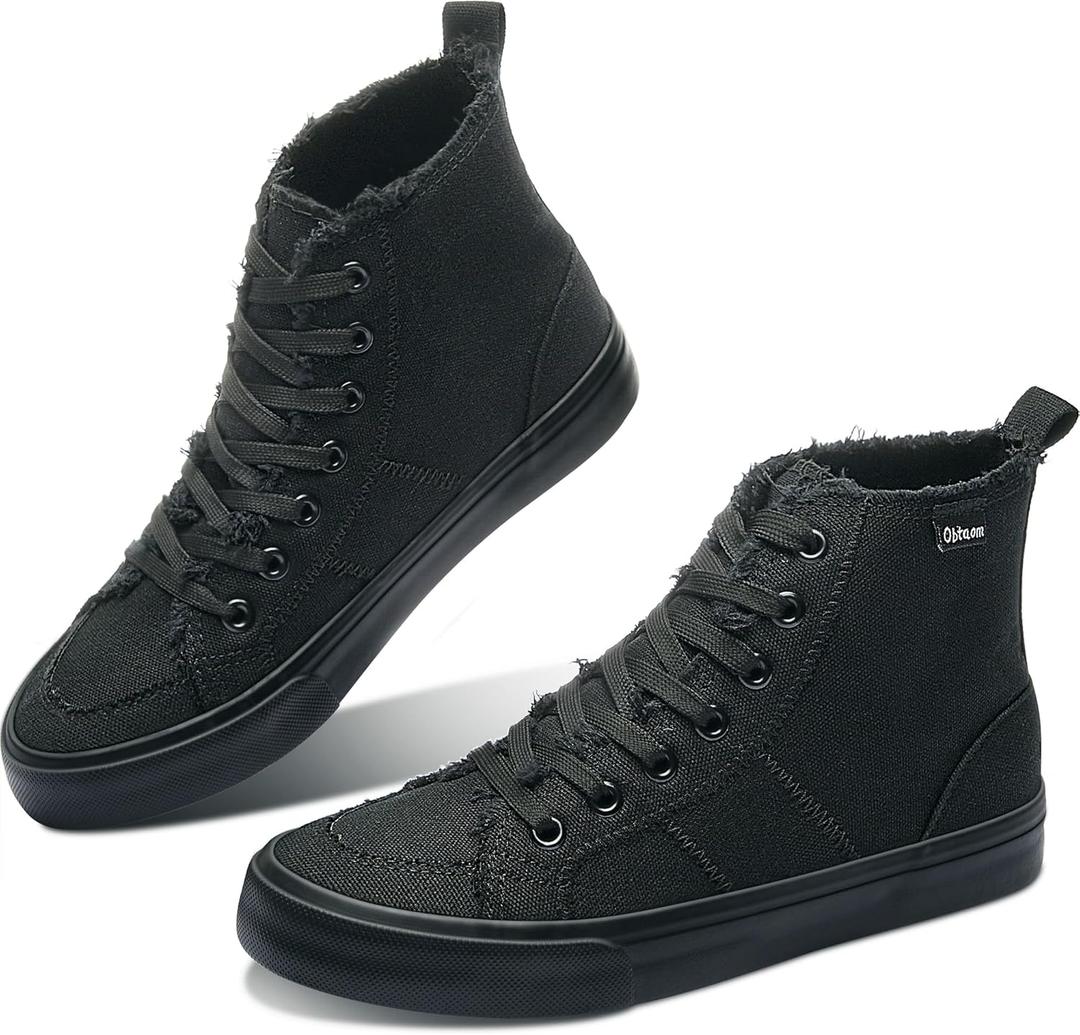 Obtaom Womens/Mens high top Canvas Shoes Play mid Calf Fashion Sneaker Casual lace up hi top Washed Canvas Shoes (8 Women/6.5 Men, Black/Black)