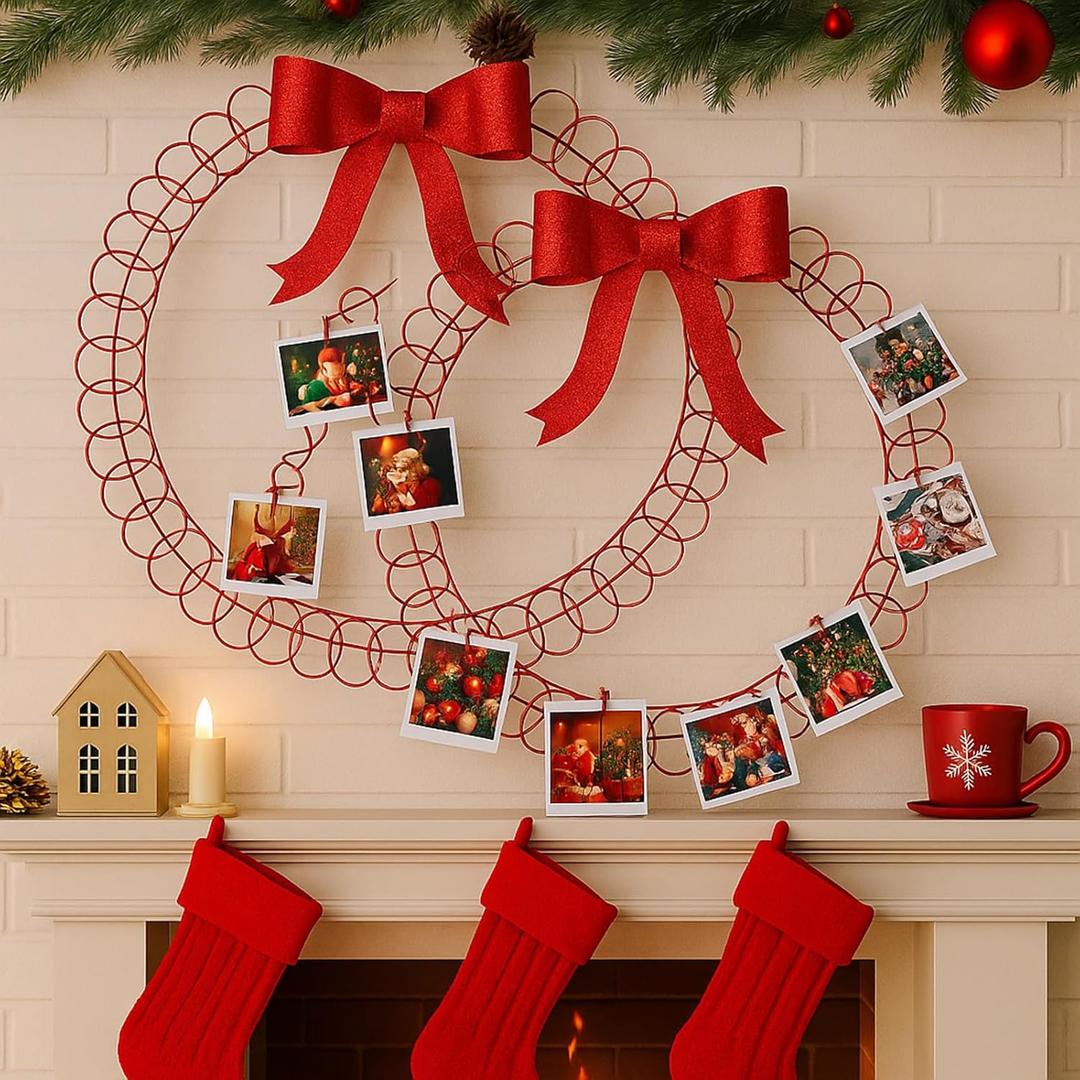 2 Pcs Christmas Photo Holder Display 17" Metal Wreath Xmas Card Holder Display Wall Hanging Decoration with Bow Wire Loop for Greeting Card Picture Insert Holiday Wall Decor(Red)