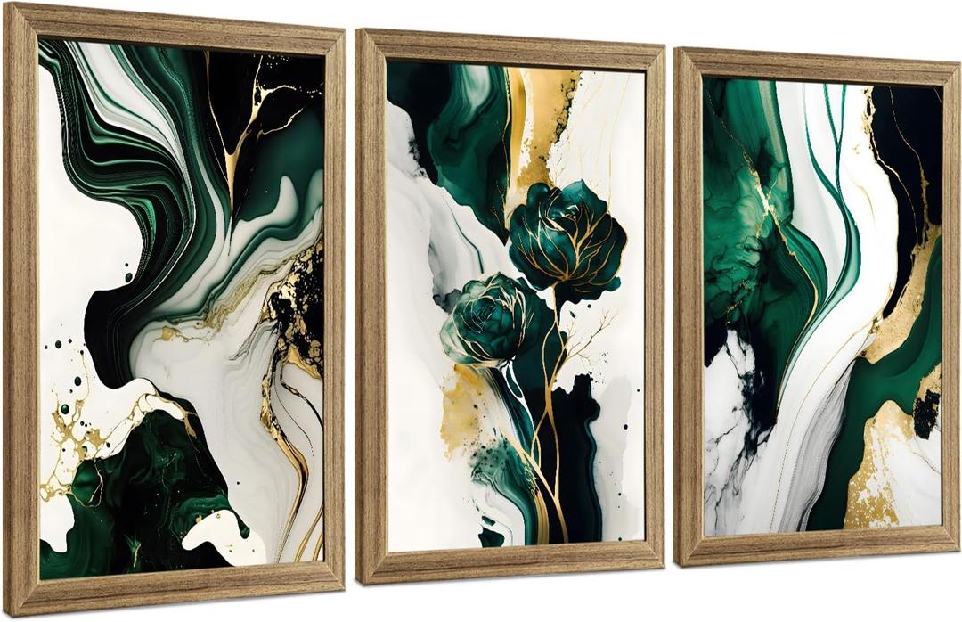 VisionaryBrush Framed Emerald Green Wall Art, Abstract Marbled Canvas Wall Decor, Modern Abstract Green and Gold Poster Print for Living Room Bedroom Office Aesthetic Picture 16x24 Inch 3 Pieces