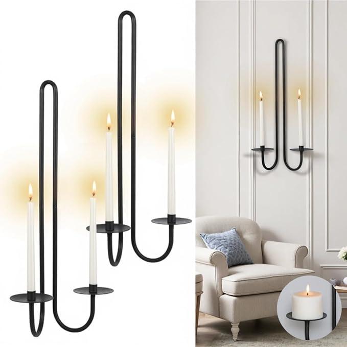 Wall Sconce Candle Holder Metal Hanging Wall Decorations for Home,Living Room, Bathroom, Dining Room, Set of 2（Black)
