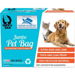 Hippo Sak Extra Large Pet Poop Bags with Dispenser, Made with Ocean Bound Plastic, 480 Count