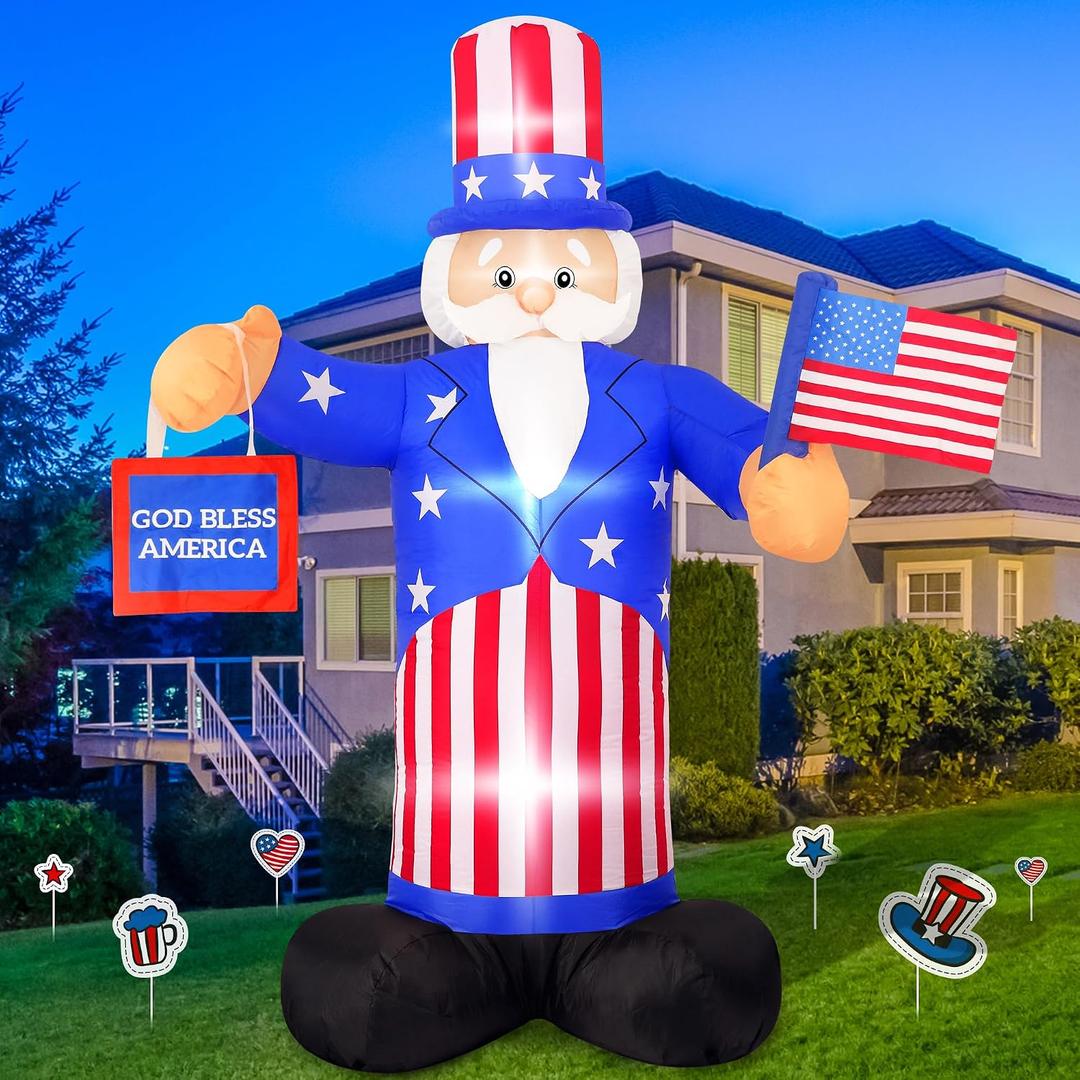 7FT 4th of July Inflatables Decorations Outdoor Uncle Sam Holds American Flag, Bright LED Lights Patriotic Independence Day Blow Up Decor for Yard Party Garden Parade Float Holiday