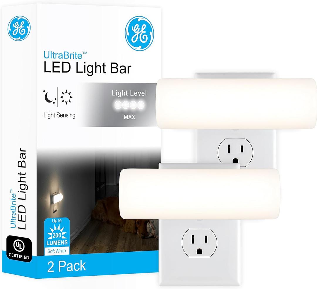 GE home electrical Ultrabrite LED Light Bar, 200 Lumens, High/Low/Off Switch, Plug-in, Night Light, Ideal for Dark Spaces, Bedroom, Bathroom, Kitchen, Hallway, Garage, Basement White, 52261, 2 Pack (White 200 Lumens)