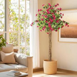 GarveeHome 6 ft Artificial Bougainvillea Tree, Tall Potted Fake Tree Indoor, Faux Tree with Wood Trunk and Pink Flowers for Outdoor