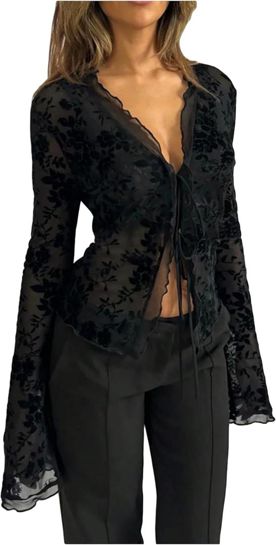 GORGLITTER Women's Sheer Bell Long Sleeve Crop Tops Y2K Fall Mesh Tie Front Gothic Concert Going Out Tops Trendy Dressy (Medium, Print Black)