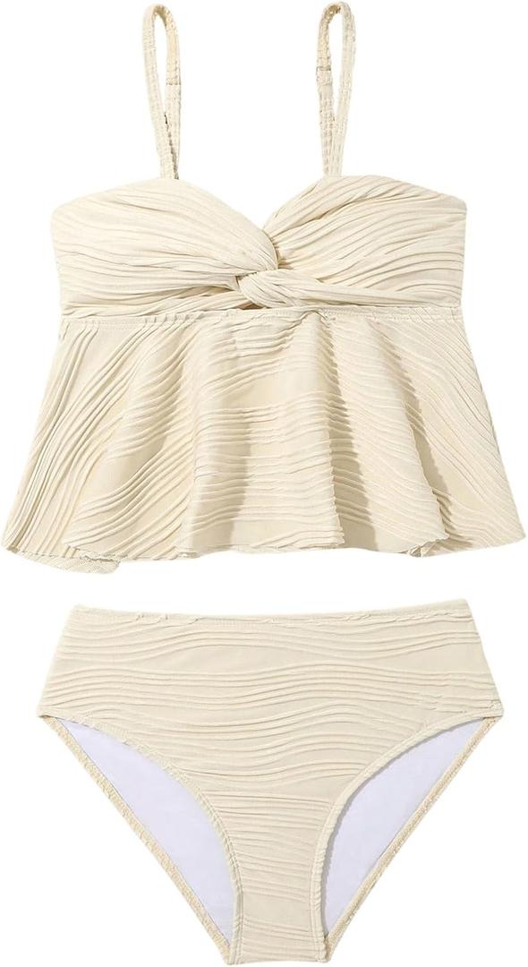 OYOANGLE Girl's 2 Piece Tankini Swimsuit Textured Twist Front Ruched Ruffle Bikini Set Bathing Suits (Yellow, 2Y)