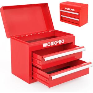 WORKPRO Mini Metal Tool Box with 2 Drawers and Top Storage, Small Tool Chest with PVC Liners and PP Feet Pads, Cold Rolled Steel Toolbox with Magnetic Tab (Red)