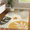 LLahome Boho 3x5 Washable Area Rug - Small Non-Slip Low-Profile Soft Rugs for Bedroom Living Room, Ultra-Thin Botanical Print Indoor Modern Carpet for Entryway Laundry Room Kitchen Office, Tan (3' x 5')