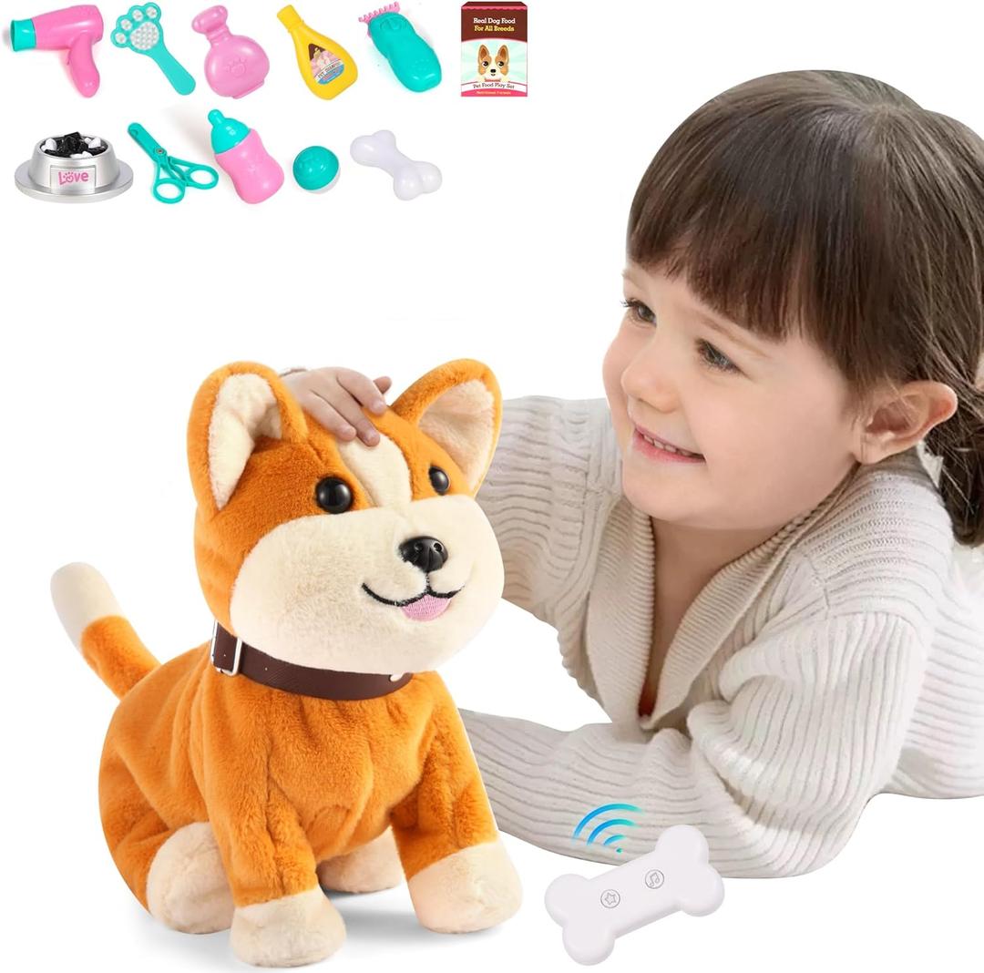 Kindenwinn Interactive Plush Dog Toy for Kids 3+, Voice Activate, Walking, Sitting, Barking Corgi Puppy with Accessories, Realistic Stuffed Animal Gift for Girls 36 Years Old