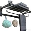 24 Inch Aluminum Alloy Towel Rack 90° Foldable Towel Holder for Bathroom Wall with Towel Bar & 5 Towel Hooks Rustproof Rustproof Towel Storage Rack for Lavatory Kitchen, Black