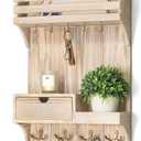 Rebee Vision Decorative Key Holder Wall Mount with Mini Drawer Organizer - Farmhouse Key Holder for Wall with Mail Organizer & 9 Key Hooks - Ideal Room Decor Aesthetic (Natural Wood)