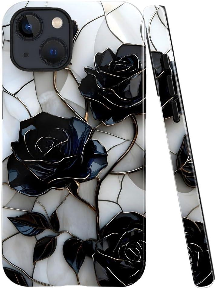Case for iPhone 14 - Slim Fit Anti-Scratch Phone Case for Girl Women - Black Rose Stained Glass (Glossy)