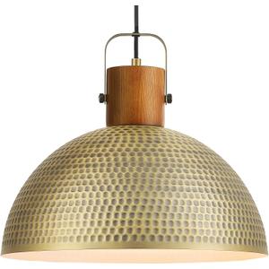 ELYONA 16 Inch Large Hammered Pendant Light Fixtures Ash Wood Vintage Dome Hanging Lamp Antique Gold Metal Kitchen Chandelier for Island, Farmhouse Dining Room Living Room Hallway Brushed Brass